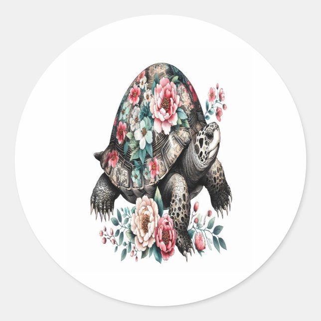 Tinte und Wash Schildkröte mit floraler Muschel. Runder Aufkleber (Vorderseite)