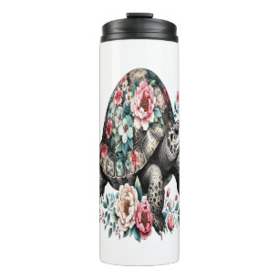 Tinte und Wash Schildkröte mit floraler Muschel. Thermosbecher