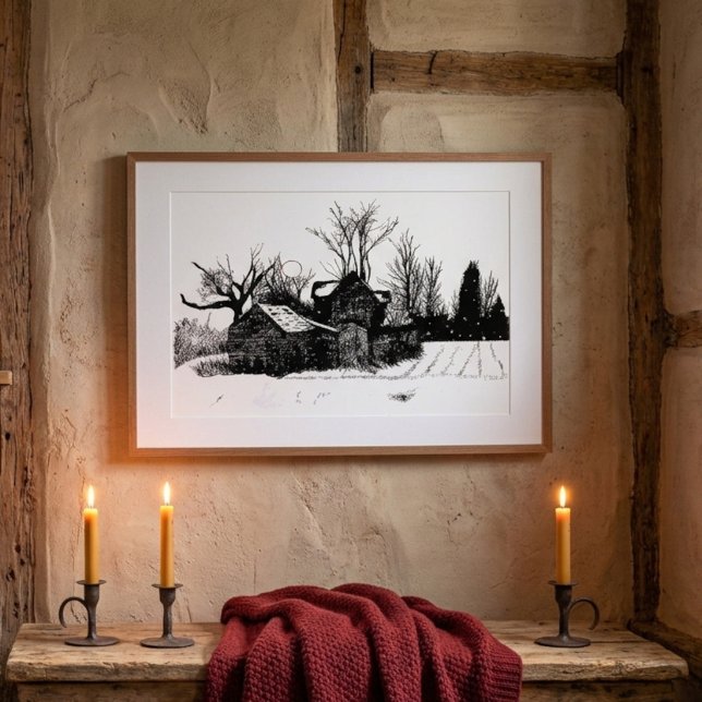Tinten-Skizze Alte Farm Winterlandschaft Poster (Von Creator hochgeladen)