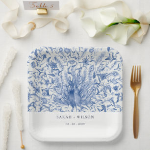Tintenblauer Verzierte Wasserfarbenpfauenhochzeit Pappteller
