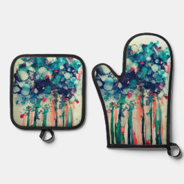 Tintenblumen Ofenhandschuh & Topflappen-Set