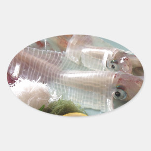 Tintenfisch Sashimi Japanisches Essen zum Mittages Ovaler Aufkleber