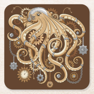 Tintenfisch Steampunk Retro Mechanische Fantasie Rechteckiger Pappuntersetzer