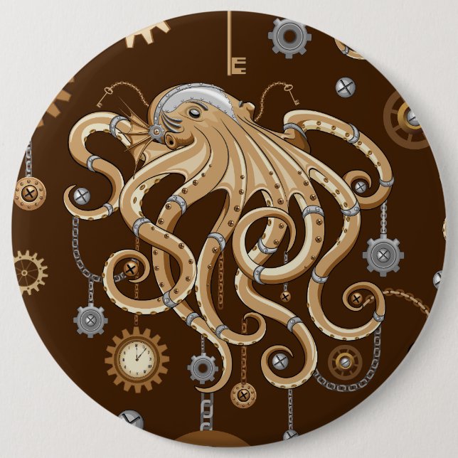 Tintenfisch Steampunk Retro Mechanische Fantasy Button (Vorderseite)
