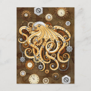 Tintenfisch Steampunk Surrealer Retro-Stil Maschin Postkarte