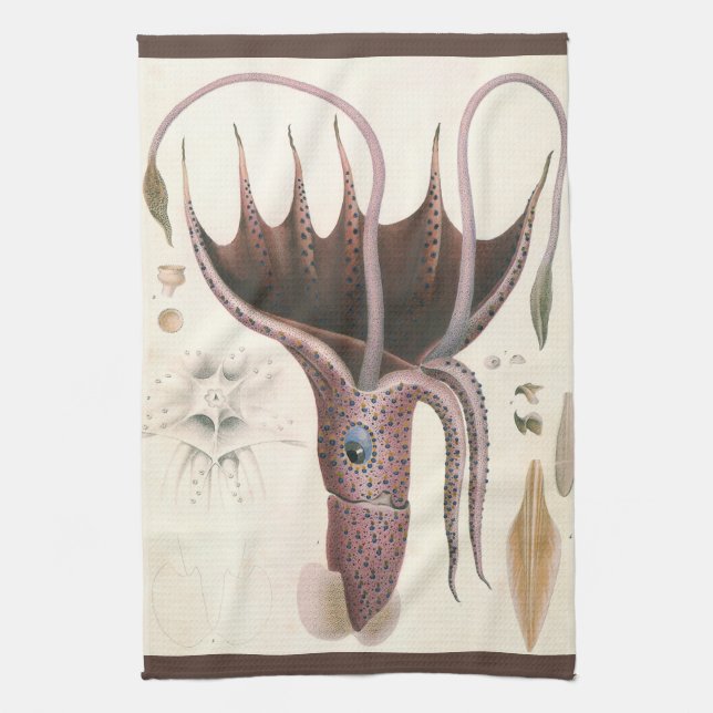 Tintenfisch, Vintage Meerestiere Geschirrtuch (Vertikal)