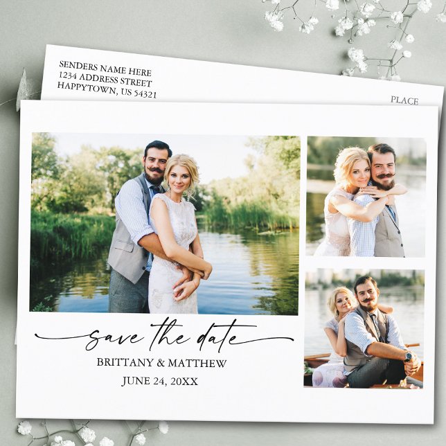 Tintenstift Skript Couple 3 Foto Save the Date Postkarte (Customize to change your personalized text size or text style.)