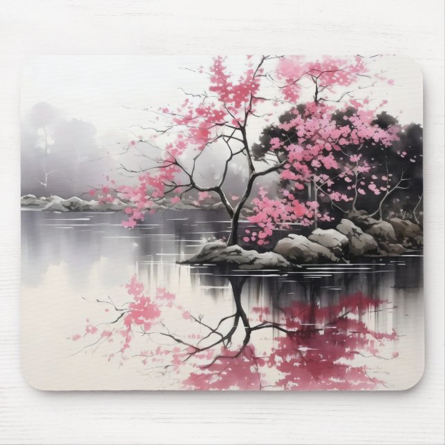 Tintenzeichnung Frühjahr Sakura Mousepad (Vorne)