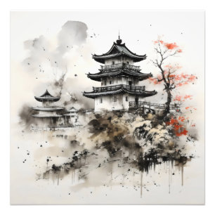 Tintenzeichnung Traditionelles asiatisches Haus Fotodruck
