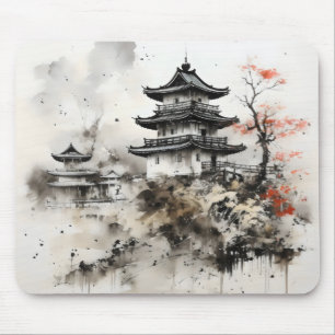 Tintenzeichnung Traditionelles asiatisches Haus Mousepad