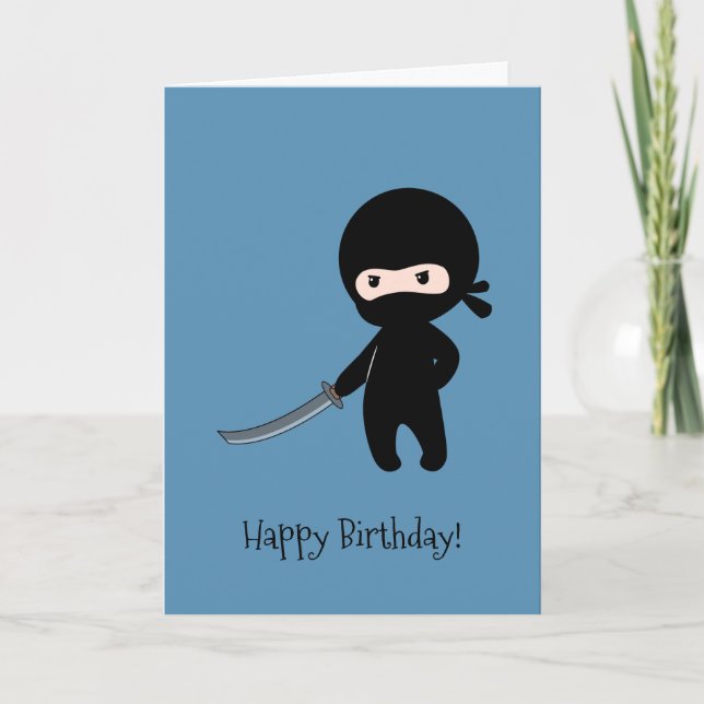 Tiny Angry Ninja auf Blue Birthday Karte (Vorderseite)