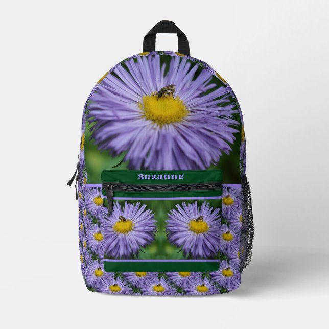 Tiny Bee on Lila Aster Blume Personalisiert Bedruckter Rucksack (Vorderseite)
