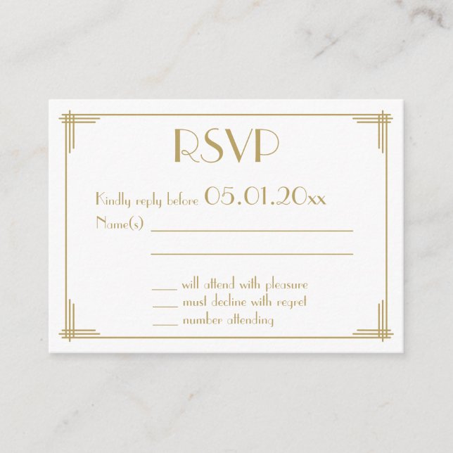 Tiny Black Gold Great Gatsby Art Deco Wedding RSVP Begleitkarte (Vorderseite)