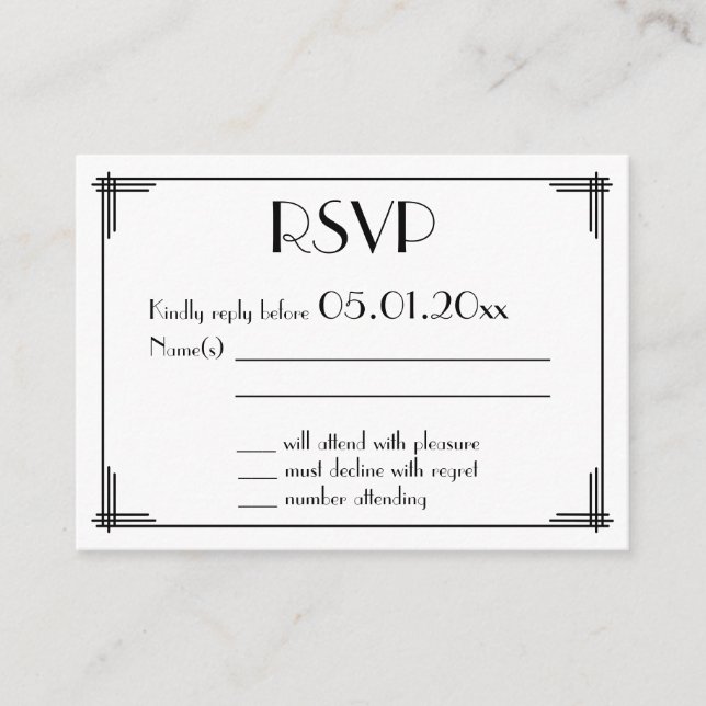 Tiny Black Great Gatsby Art Deco Wedding RSVP Begleitkarte (Vorderseite)