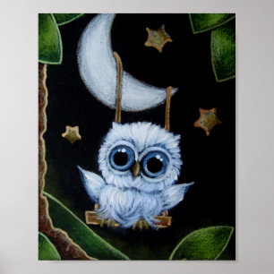TINY BLUE OWL SWINGING  FROM THE MOON POSTER