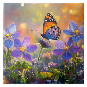 Tiny Butterfly On Wildblumen bei Sunrise Fliese