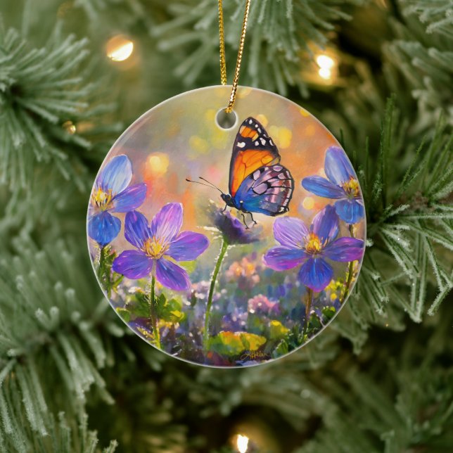 Tiny Butterfly On Wildblumen bei Sunrise Keramik Ornament (Baum)