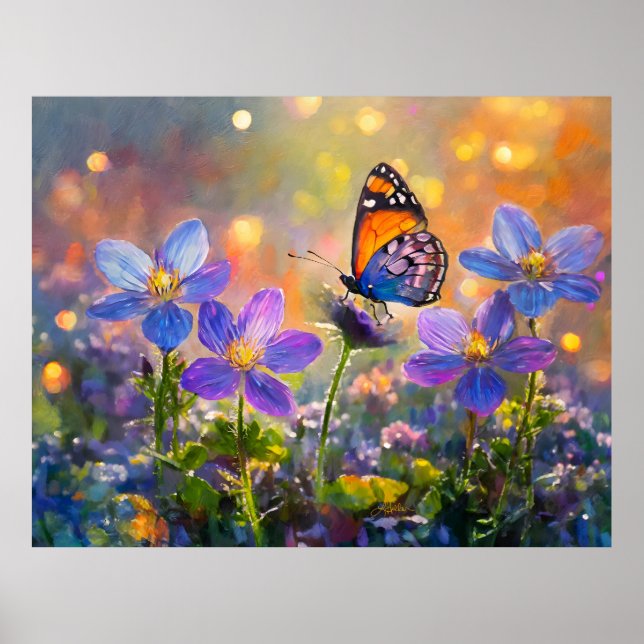 Tiny Butterfly On Wildblumen bei Sunrise Poster (Vorne)