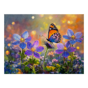 Tiny Butterfly On Wildblumen bei Sunrise Poster