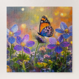 Tiny Butterfly On Wildblumen bei Sunrise Puzzle