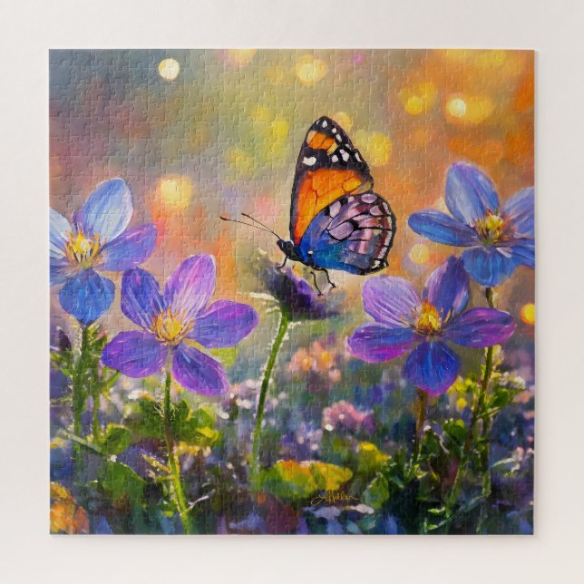 Tiny Butterfly On Wildblumen bei Sunrise Puzzle (Vertikal)