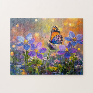 Tiny Butterfly On Wildblumen bei Sunrise Puzzle