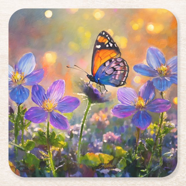 Tiny Butterfly On Wildblumen bei Sunrise Rechteckiger Pappuntersetzer (Vorderseite)