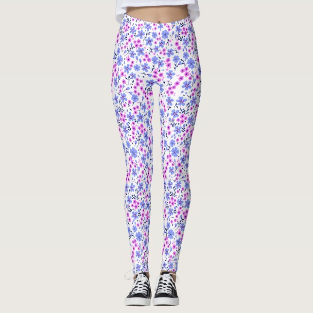 Tiny cute white blue pink floral pattern leggings (Vorderseite)