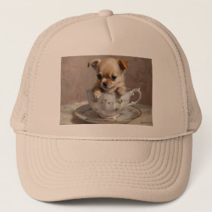 Tiny Delight: Chihuahua Puppy in einem Teacup Truckerkappe