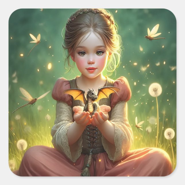 Tiny Dragon Keeper mit Schmetterlingen Quadratischer Aufkleber (Vorderseite)