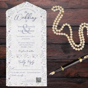 Tiny Dusty Blue Floral mit QR Code All In One Einladung
