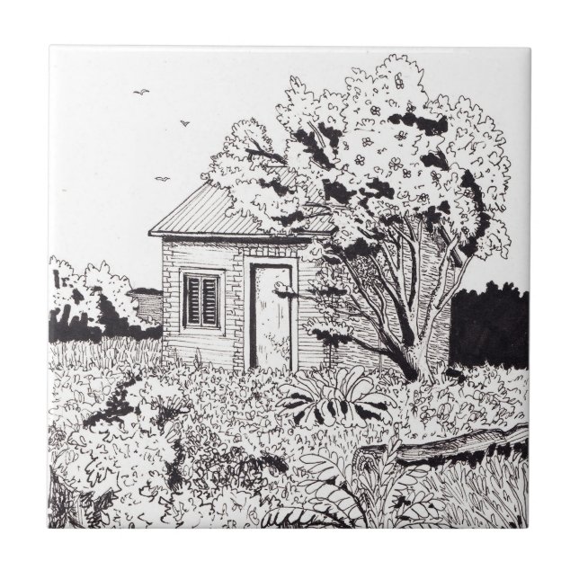 Tiny Farmhouse Botanischer Garten Pen Tinte Gezeic Fliese (Vorderseite)