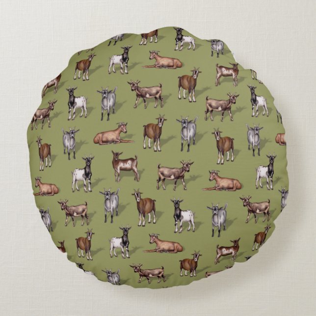 Tiny Goats on Green - Goat Herd Pattern Rundes Kissen (Rückseite)
