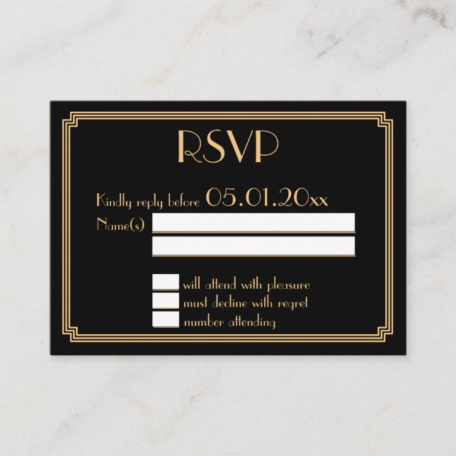 Tiny Great Gatsby Art Deco Black Wedding RSVP Begleitkarte (Vorderseite)