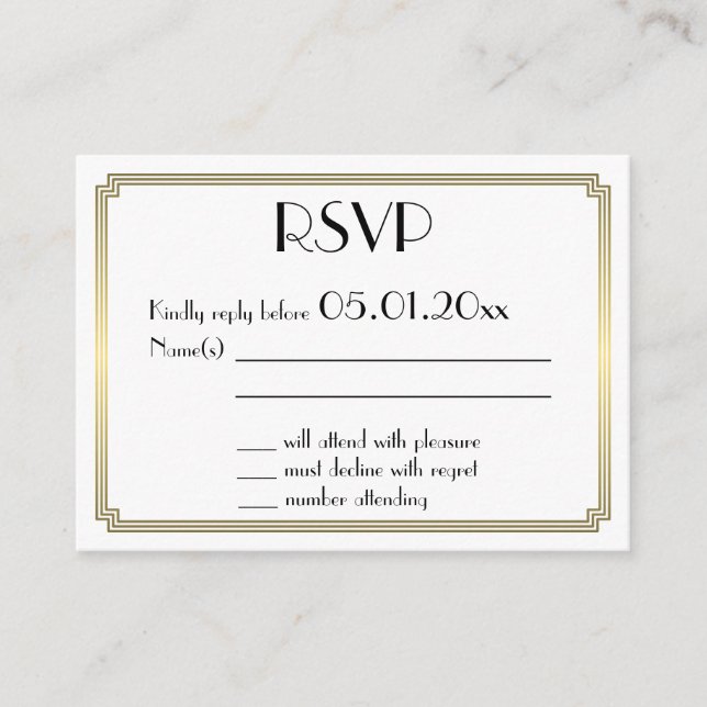 Tiny Great Gatsby Art Deco Gold White Wedding RSVP Begleitkarte (Vorderseite)
