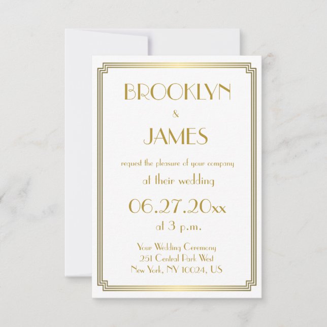Tiny Great Gatsby Art Deco White Wedding lädt ein Einladung (Vorderseite)
