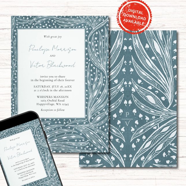 Tiny Heart Leaves Frame on Teal Wedding Invitation Einladung (Von Creator hochgeladen)