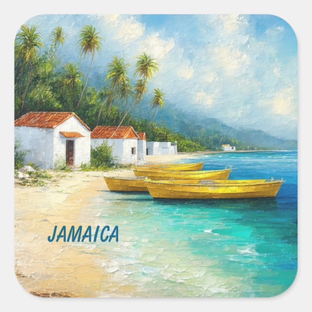 Tiny homes and fishing boats in jamaica quadratischer aufkleber (Vorderseite)