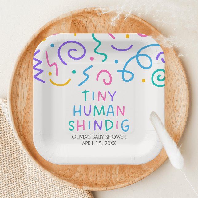 Tiny Human Shindig Baby Shower Pappteller (Retro Tiny Human Shindig Baby Shower Paper Plate)