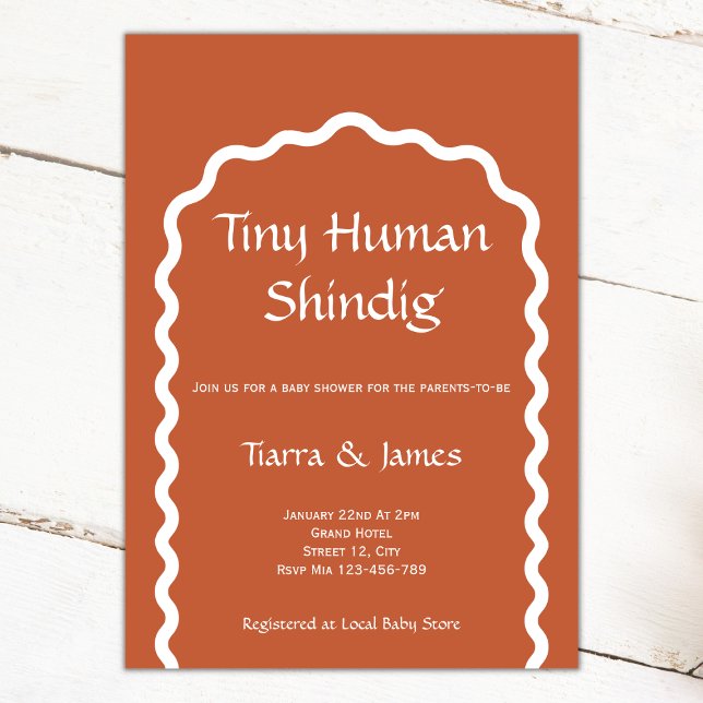 Tiny Human Shindig Simple Terracotta Baby Dusche Einladung (tiny human shindig baby shower invitation terracotta white simple wavy arch funny)