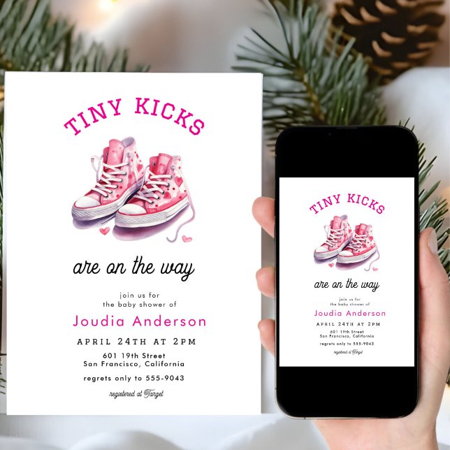 Tiny Kicks Sneakers Sports Pink Baby Shower  Einladung (Von Creator hochgeladen)