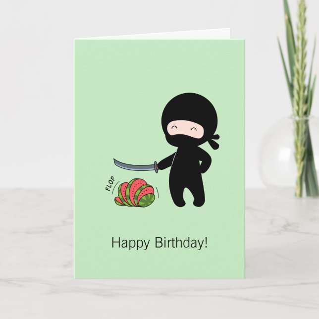Tiny Ninja Cutting Watermelon Green Geburtstag Karte (Vorderseite)