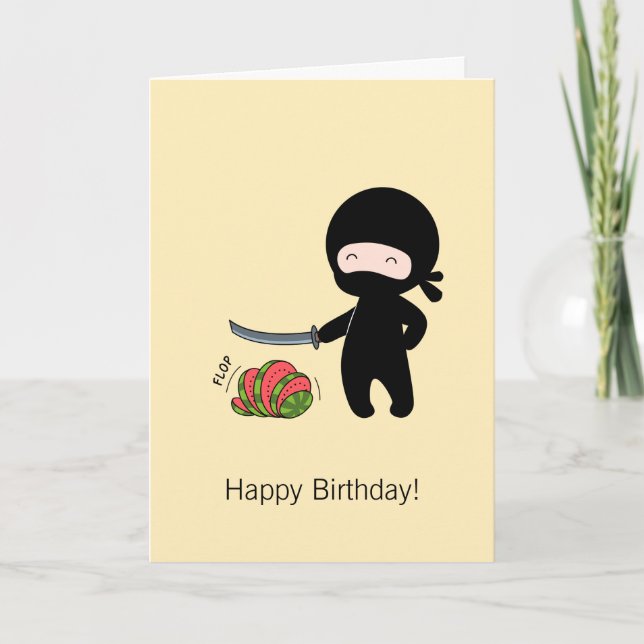 Tiny Ninja Cutting Watermelon Yellow Birthday Karte (Vorderseite)