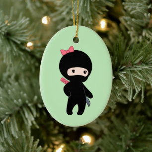 Tiny Ninja Girl on Green Keramik Ornament