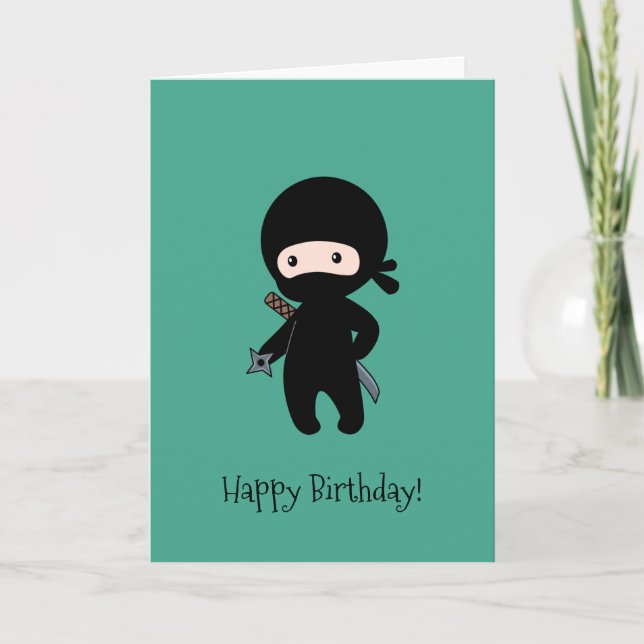 Tiny Ninja Holding Star Dark Green Geburtstag Karte (Vorderseite)