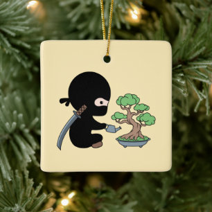 Tiny Ninja Watering Bonsai Tree on Yellow Keramikornament