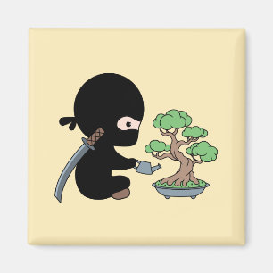 Tiny Ninja Watering Bonsai Tree on Yellow Magnet