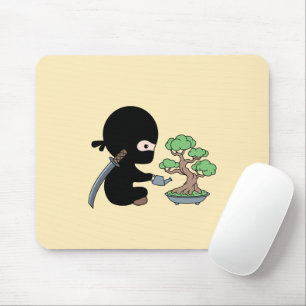 Tiny Ninja Watering Bonsai Tree on Yellow Mousepad