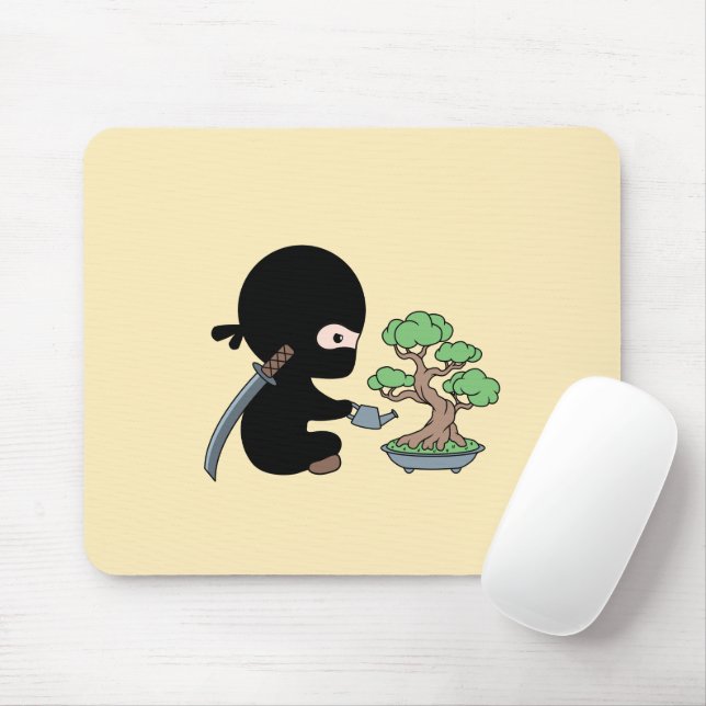 Tiny Ninja Watering Bonsai Tree on Yellow Mousepad (Mit Mouse)
