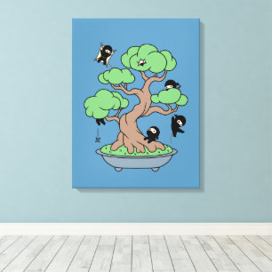 Tiny Ninjas in Bonsai Tree on Blue Leinwanddruck